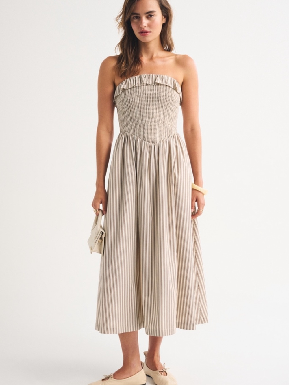 Abercrombie Smocked Strapless Midi Dress in Beige Stripe
